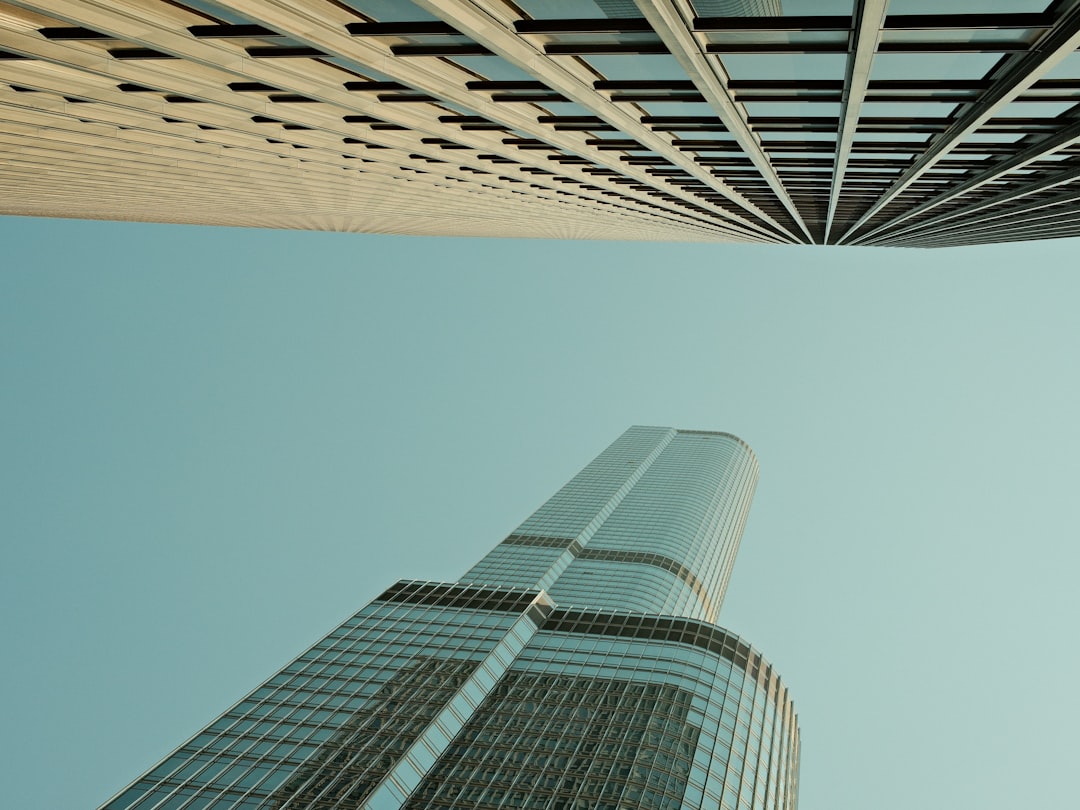 Two modern skyscrapers viewed from below